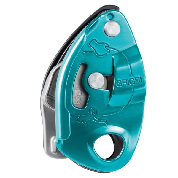 A close-up of a blue Petzl GRIGRI® Belay Device. The device features a lever, a cam mechanism, and a rope slot, designed for climbing and ensuring safety. The Petzl logo and the word "GRIGRI" are visible on the device.