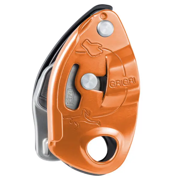 An orange and gray Petzl GRIGRI® Belay Device with a metal cam and attachment holes. The device has a compact, curved design and includes a diagram detailing rope placement for use in climbing.