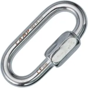 Sure, here's the revised sentence:

"A CAMP 10MM OVAL QUICK LINK STAINLESS STEEL with an oval shape and a screw-lock mechanism. The words 'CAMP' and 'CE 0123' are engraved on it. The quick link is designed for attaching gear, commonly used in climbing, caving, and industrial work.