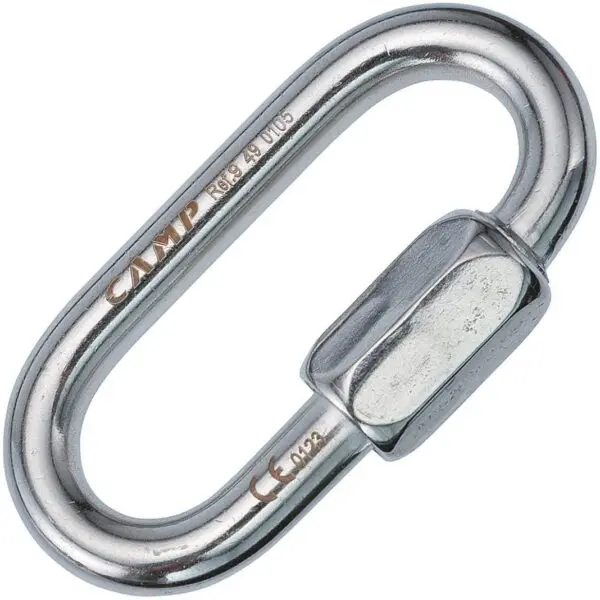 Sure, here's the revised sentence:

"A CAMP 10MM OVAL QUICK LINK STAINLESS STEEL with an oval shape and a screw-lock mechanism. The words 'CAMP' and 'CE 0123' are engraved on it. The quick link is designed for attaching gear, commonly used in climbing, caving, and industrial work.