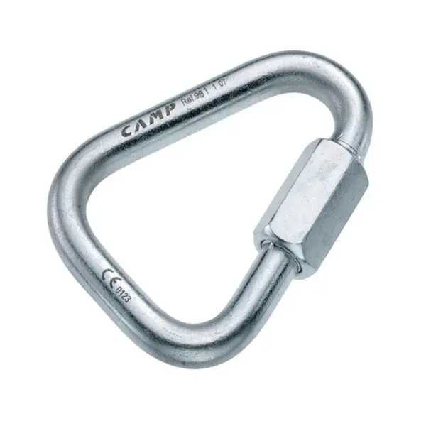 A Camp Safety Delta 10 mm Screw Links with a hexagonal screw gate locking mechanism. The carabiner is labeled with "CAMP" and some technical specifications.
