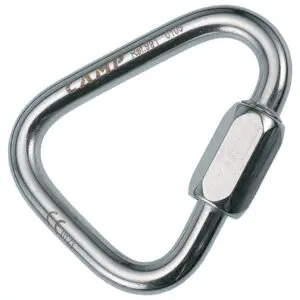 A triangular metal quick link with a screw gate. The name "CAMP" and other small inscriptions are visible on the link. The CAMP 8mm Delta Quick Link Stainless Steel is typically used for climbing, securing equipment, or other activities requiring strong, reliable connections.