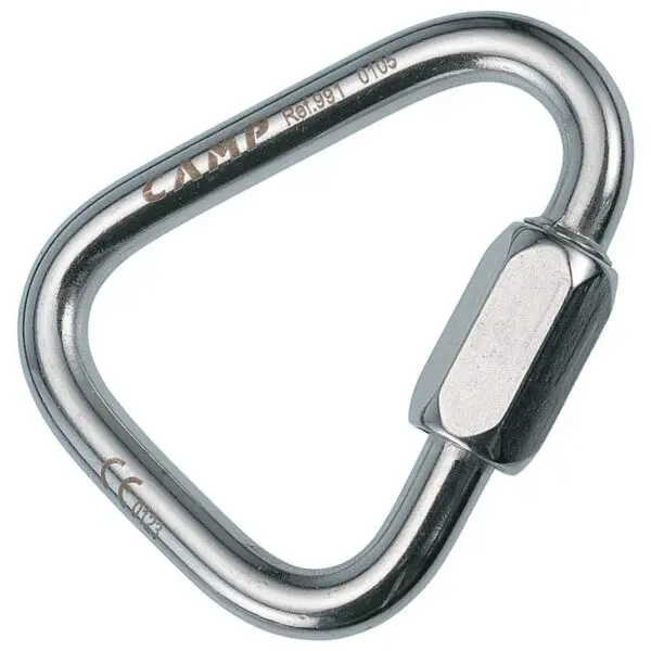 A triangular metal quick link with a screw gate. The name "CAMP" and other small inscriptions are visible on the link. The CAMP 8mm Delta Quick Link Stainless Steel is typically used for climbing, securing equipment, or other activities requiring strong, reliable connections.
