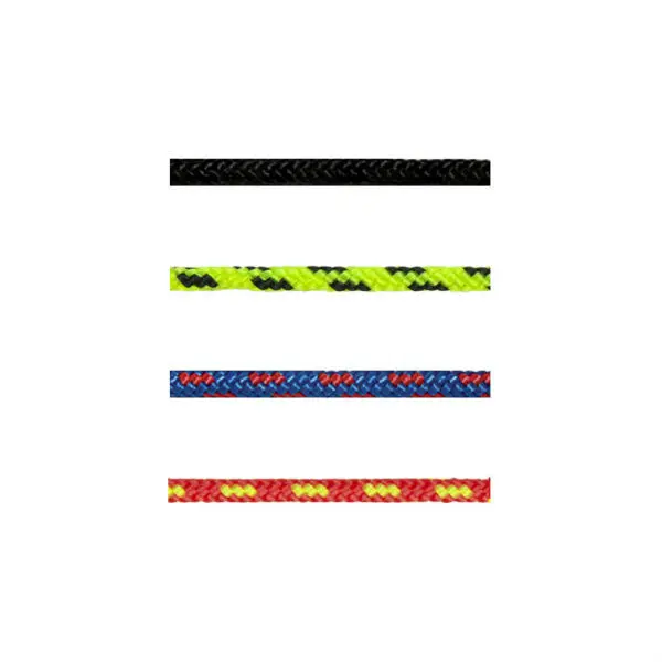 The image shows four lengths of STERLING 1.5 mm ACCESSORY CORD arranged vertically against a white background. From top to bottom, the cords are black, neon yellow with black stripes, blue with red and white stripes, and red with yellow and black stripes.