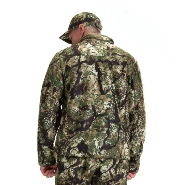 A person wearing a full camo outfit, including a Kryptek Njord Windproof Jacket and cap, is standing with their back to the camera against a plain white background. The camouflage pattern consists of various shades of green, brown, and beige.