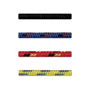 A white background displays four STERLING 2 mm ACCESSORY CORDs aligned vertically. From top to bottom: a black rope, a blue rope with red and white accents, a red rope with black and yellow accents, and a yellow rope with blue and green accents.