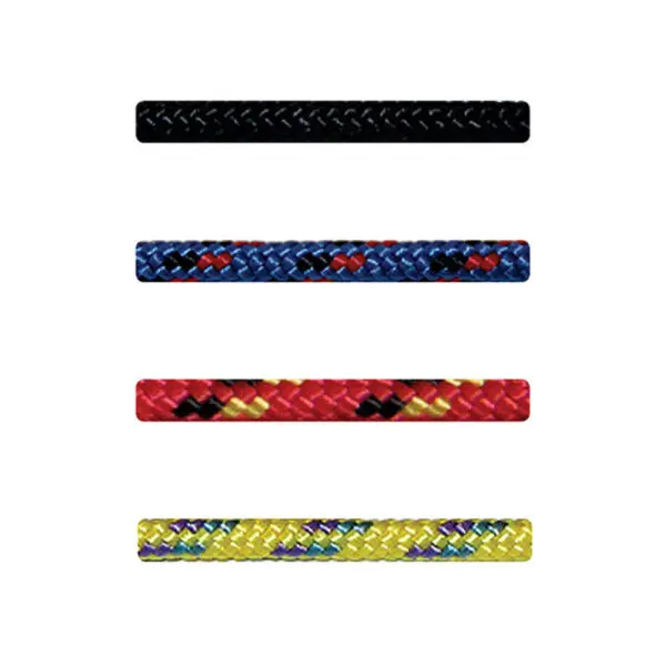 A white background displays four STERLING 2 mm ACCESSORY CORDs aligned vertically. From top to bottom: a black rope, a blue rope with red and white accents, a red rope with black and yellow accents, and a yellow rope with blue and green accents.