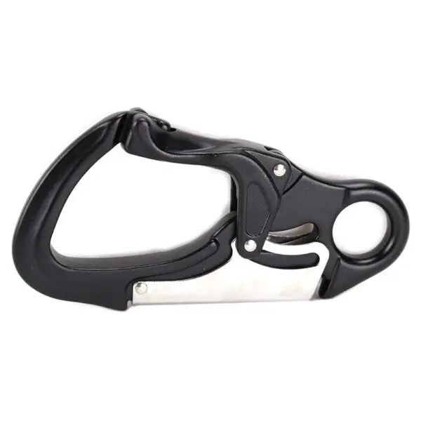 A black Omega Pacific Squatch Claw Aluminum Double Action Quik-Lok with a sleek design and a silver latch. The carabiner features a robust loop and an ergonomic shape, suitable for climbing, securing gear, or other outdoor activities.