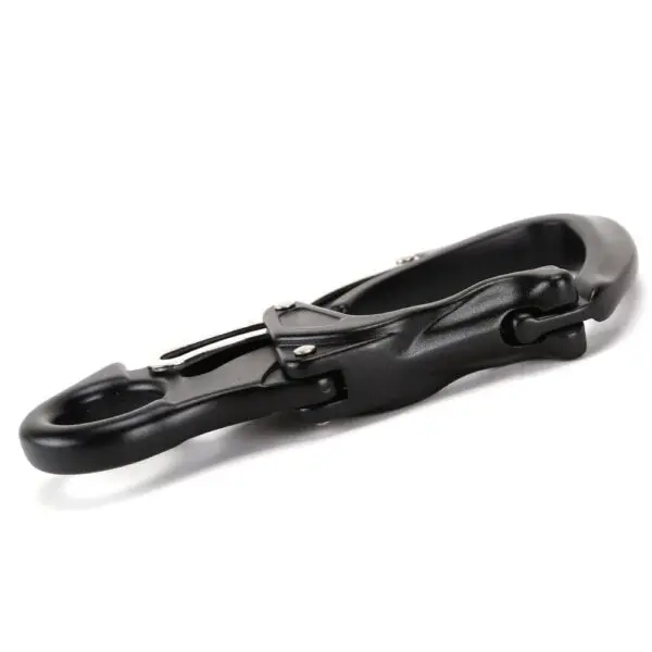 An Omega Pacific Squatch Claw Aluminum Double Action Quik-Lok with a sleek, modern design is shown against a plain white background. The carabiner features a clip mechanism for secure fastening.