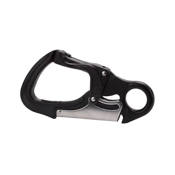 A black Omega Pacific Squatch Claw Aluminum Double Action Quik-Lok with an integrated silver knife blade is shown against a plain white background. The carabiner has a sleek, modern design with a circular hole on one end and a sturdy clip mechanism.