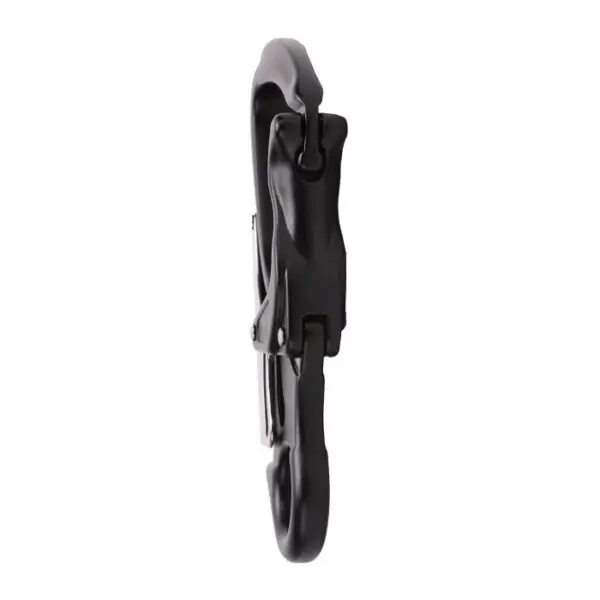 A side view of an Omega Pacific Squatch Claw Aluminum Double Action Quik-Lok showing its sleek, modern design. The carabiner features a clip mechanism and appears to be made of metal.