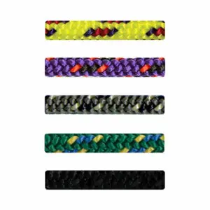 Five colorful STERLING 3 mm ACCESSORY CORDs are displayed in a vertical column. From top to bottom, the cords are yellow with red and black, purple with black, grey with white and black, green with blue and yellow, and solid black. Each cord has a unique pattern.