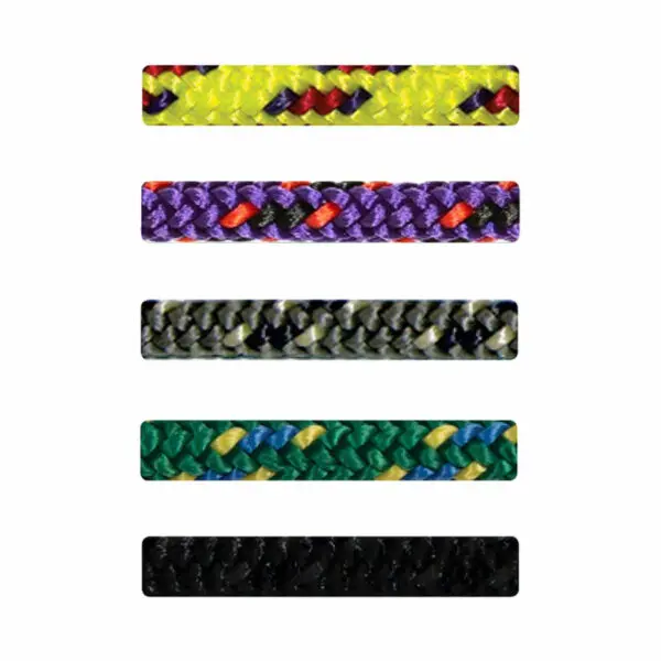 Five colorful STERLING 3 mm ACCESSORY CORDs are displayed in a vertical column. From top to bottom, the cords are yellow with red and black, purple with black, grey with white and black, green with blue and yellow, and solid black. Each cord has a unique pattern.