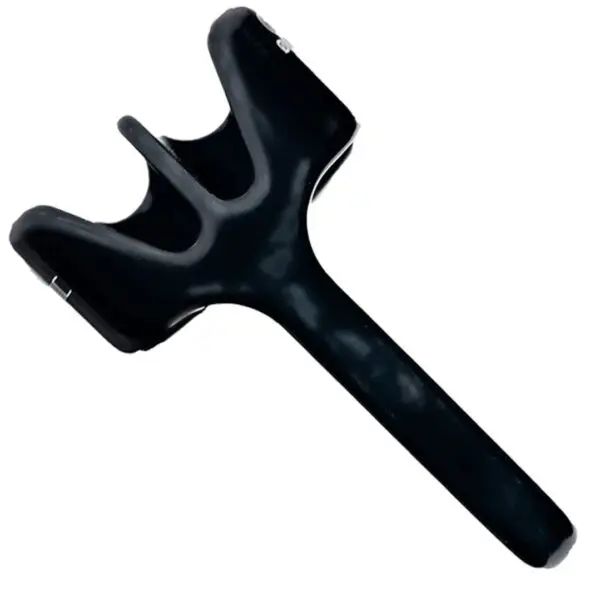 A black Omega Pacific SBGFG Belay/Rappel Device with an ergonomic handle and two sharpening slots. The sharpener appears sturdy and suitable for home kitchen use.