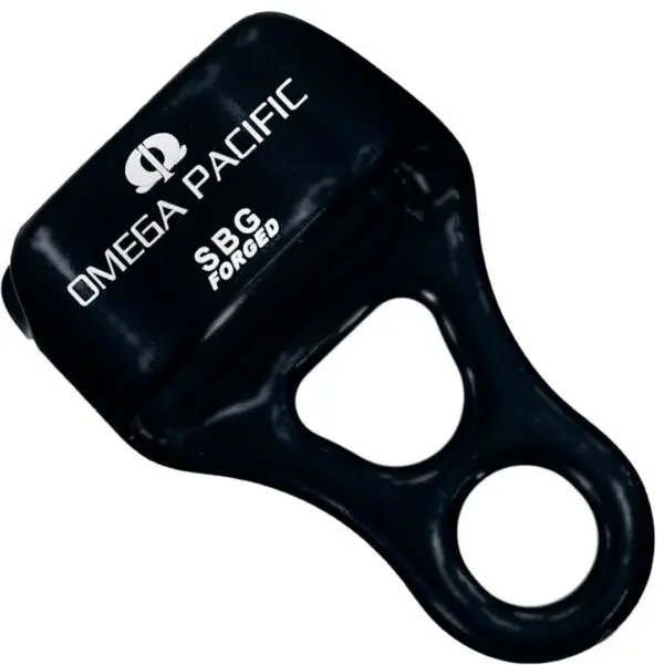 A black Omega Pacific SBGFG Belay/Rappel Device. It has a rectangular slot on one end and a circular loop on the other end. The brand name and model are printed in white. The device is used for climbing to control the safety rope.