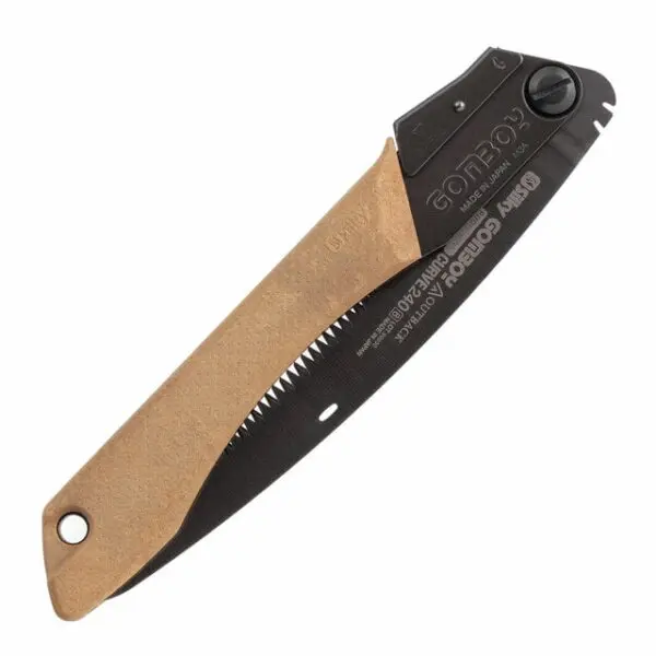 A SILKY GOMBOY CURVE PROFESSIONAL 240MM - OUTBACK EDITION with a black blade and brown handle, featuring a serrated edge and a pocket clip.