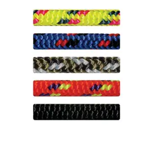 Five colorful STERLING 4 mm ACCESSORY CORDs are displayed horizontally in a vertical arrangement. From top to bottom, the cords are yellow with red and black accents, blue with red and black accents, a mix of white, green, and black, orange with yellow and black accents, and fully black.