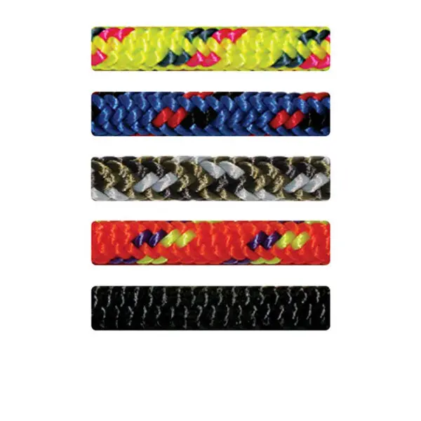 Five colorful STERLING 4 mm ACCESSORY CORDs are displayed horizontally in a vertical arrangement. From top to bottom, the cords are yellow with red and black accents, blue with red and black accents, a mix of white, green, and black, orange with yellow and black accents, and fully black.