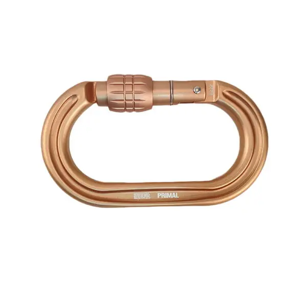 A close-up of a gold-colored Ape Canyon Outfitters 8mm Oplux Tether System with Screw Lock Carabiner with the text "PRIMAL" printed on it. The carabiner has a screw-lock mechanism for added security.