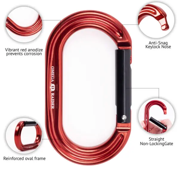 A vibrant Omega Pacific Raider Aluminum Keylock Straight Gate - Red is displayed, featuring an anti-snag keylock nose, a reinforced oval frame, and a straight non-locking gate. The carabiner's design elements are highlighted with close-up views showcasing its build quality and features.