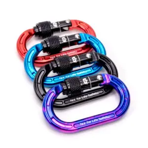A group of five Omega Pacific Micro Raider Aluminum Keylock Screw-Lok carabiners in red, blue, black, and purple colors arranged in a fan pattern. Each carabiner is labeled with "Not for Life Safety." The carabiners have locking mechanisms at the top.