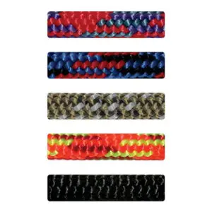Five segments of STERLING 5 mm ACCESSORY CORD arranged vertically. The cords showcase different patterns and colors: the first is red with blue and black, the second is blue with red and black, the third is brown with white and black, the fourth is red with green and yellow, and the fifth is black.