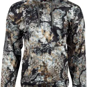 A Kryptek Tartaros Hoodie Obskura Transitional featuring a camouflage pattern of black, brown, gray, and white colors. It has a front pocket and adjustable drawstrings on the hood. The fabric appears to have a mix of geometric and organic shapes for its camouflage design.