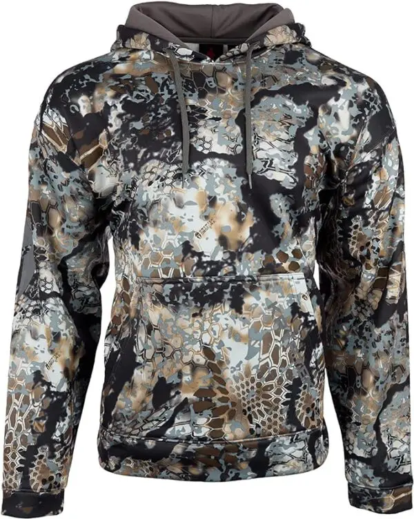 A Kryptek Tartaros Hoodie Obskura Transitional featuring a camouflage pattern of black, brown, gray, and white colors. It has a front pocket and adjustable drawstrings on the hood. The fabric appears to have a mix of geometric and organic shapes for its camouflage design.