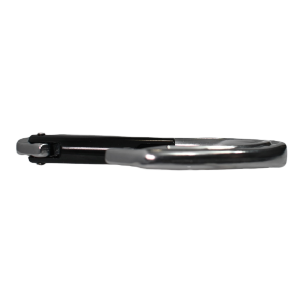 A silver and black Omega Pacific Phantom Aluminum Keylock Straightgate Gunmetal is shown lying on its side with the latch partially visible. The carabiner is closed and appears to be made of metal.