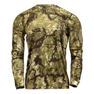 A Kryptek Valhalla Long Sleeve Crew with shades of green, brown, and tan patterns designed for blending into natural environments. The back view shows detailed, intricate patterns, with two elbow patches and no visible logos or branding.