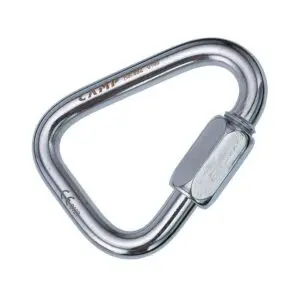 A Camp Safety Delta 10 mm Screw Links with a triangular shape and a locking mechanism on one side. The word "CAMP" and some other markings are engraved on it. The background is plain white.