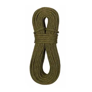 A coiled olive green Sterling 3/8" HTP is neatly wrapped and secured in a figure-eight pattern, with its length uniformly arranged. The texture and braided design of the rope are clearly visible.