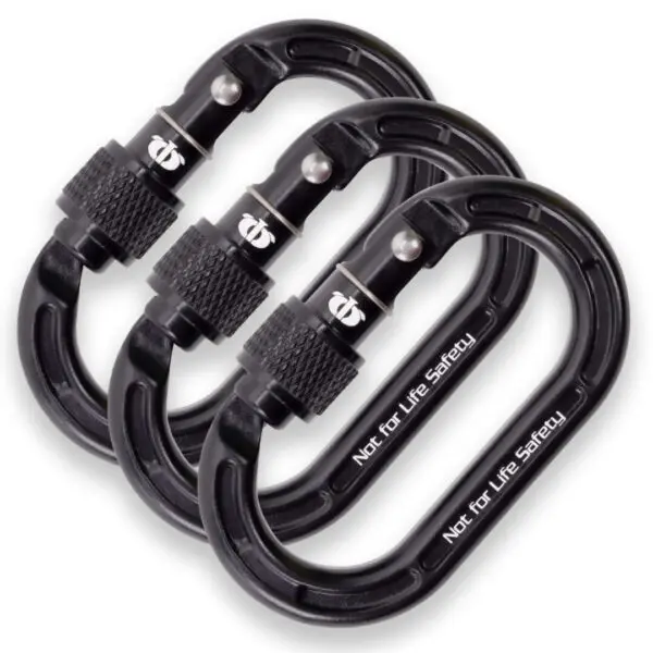 Three Omega Pacific Micro Raider Aluminum Keylock Screw-Lok with a screw locking mechanism are arranged side by side. Each carabiner has a label that reads "Not For L.I.F.E Safety" on the side. The carabiners have a metallic finish and a secure locking system.