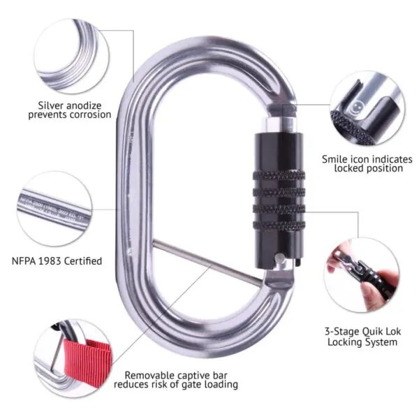 Image of the Omega Pacific Raider Aluminum Keylock 3-Stage Quik-Lok W/Captive Eye NFPA carabiner with NFPA 1983 certification. It features a 3-stage Quick Locking System and a smile icon indicating a locked position. The carabiner includes a removable captive bar to reduce the risk of gate loading.