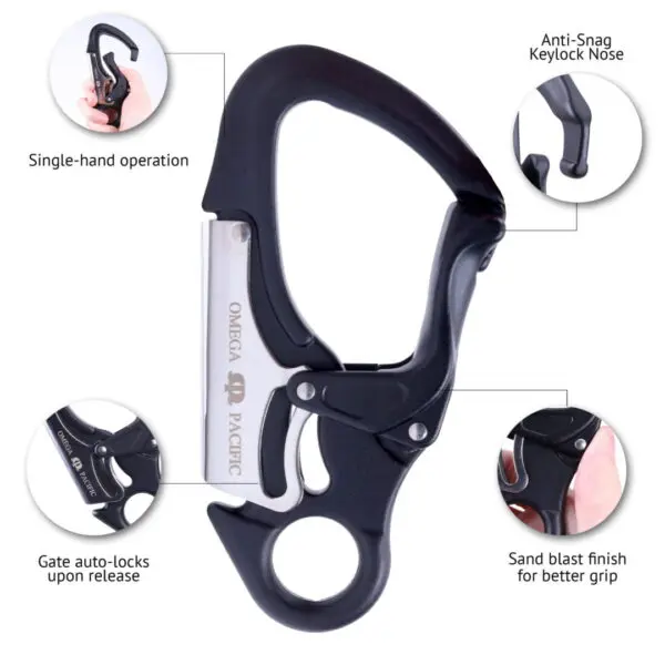 Image of a black carabiner with features annotated in separate circular close-up images. Labels include: "Single-hand operation," "Gate auto-locks upon release," "Anti-Snag Keylock nose," and "Sand blast finish for better grip." Omega Pacific Squatch Claw Aluminum Double Action Quik-Lok logo is visible.