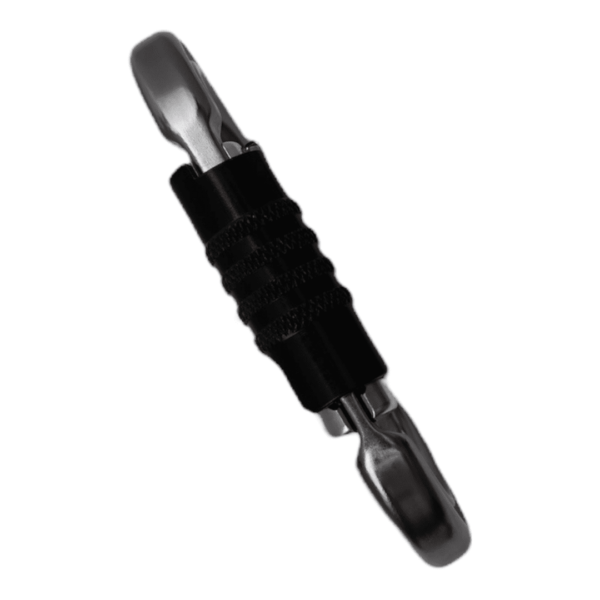 A metal Omega Pacific Raider Aluminum Keylock 3-Stage Quik-Lok W/Captive Eye NFPA with a black screw-lock mechanism is shown on a white background. The carabiner features a symmetrical, oval shape with a textured middle section for grip.