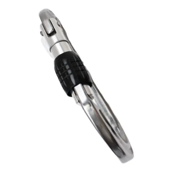 A silver Omega Pacific Phantom Aluminum Keylock Screw-Lok - Gunmetal with a black locking mechanism. The Omega Pacific Phantom Aluminum Keylock Screw-Lok - Gunmetal is oval-shaped and has a smooth, polished finish. The black lock is ridged for grip and is positioned on the gate side of the Omega Pacific Phantom Aluminum Keylock Screw-Lok - Gunmetal.