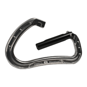 A carabiner with a sleek silver frame and a black hinged gate. The text "Omega Pacific Phantom Aluminum Keylock Straightgate Gunmetal" and the number "0721" are inscribed near the hinge. The design is curved and streamlined, suitable for climbing or securing gear.