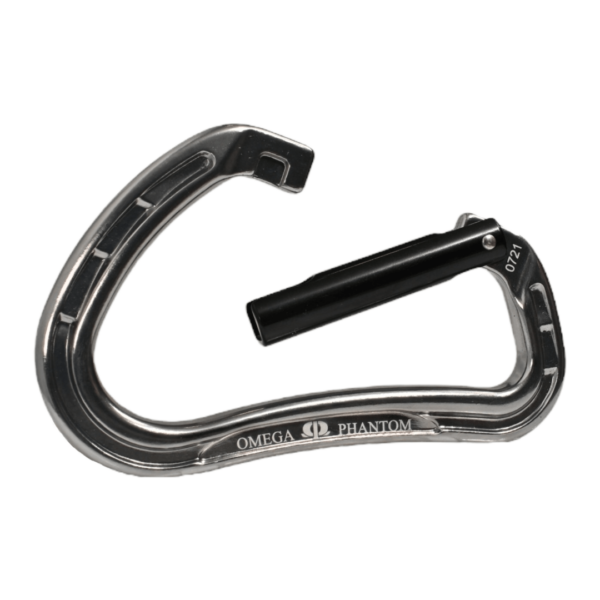 A carabiner with a sleek silver frame and a black hinged gate. The text "Omega Pacific Phantom Aluminum Keylock Straightgate Gunmetal" and the number "0721" are inscribed near the hinge. The design is curved and streamlined, suitable for climbing or securing gear.