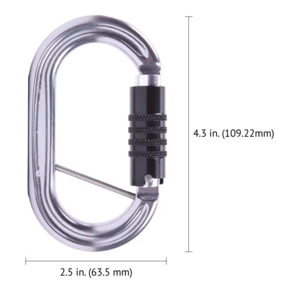 A Omega Pacific Raider Aluminum Keylock 3-Stage Quik-Lok W/Captive Eye NFPA with a black, twist-lock mechanism at the top. It measures 4.3 inches (109.22mm) in height and 2.5 inches (63.5mm) in width.