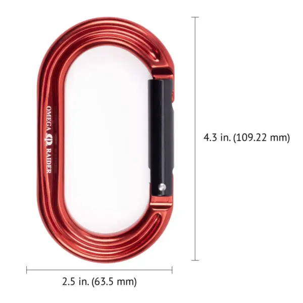 A red Omega Pacific Raider Aluminum Keylock Straight Gate - Red with black locking mechanism is shown against a white background. Dimensions are indicated: length is 4.3 inches (109.22 mm) and width is 2.5 inches (63.5 mm).