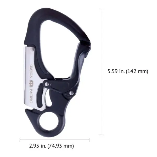 A black Omega Pacific Squatch Claw Aluminum Double Action Quik-Lok is shown with a silver locking mechanism. The dimensions are labeled as 2.95 inches (74.93 mm) in width and 5.59 inches (142 mm) in height. The carabiner has a looped opening and a robust, ergonomic design.