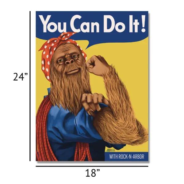 A RNA COLLAPSIBLE THROWLINE CUBE features a Bigfoot creature mimicking the Rosie the Riveter "We Can Do It!" pose. It has the caption "You Can Do It!" at the top. The creature wears a red bandana with white polka dots and a blue shirt. The dimensions are 24 inches by 18 inches.
