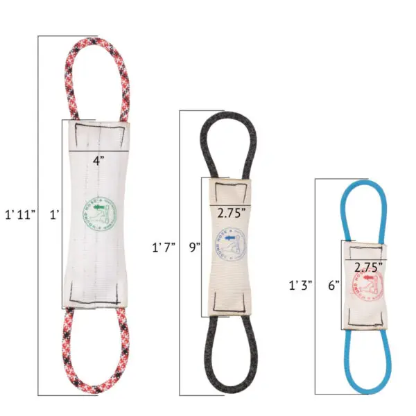 Image showing three Hound Hose Dog Tug Toys of differing sizes and colors with their dimensions labeled. The first toy is 1'11" long and 4" wide with red and gray handles. The second is 1'7" long and 2.75" wide with black handles. The third is 1'3" long and 2.75" wide with blue handles.
