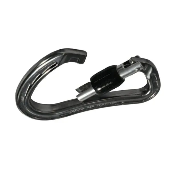A silver Omega Pacific Phantom Aluminum Keylock Screw-Lok - Gunmetal with a black locking mechanism. The carabiner is designed for climbing and securing heavy loads and has a lightweight, ergonomic shape.
