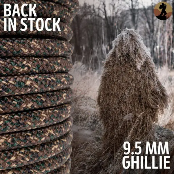Close-up of camo rope on the left with the text "BACK IN STOCK" above. On the right, a person in a ghillie suit stands in a grassy, wooded area. Text at the bottom reads, "Ape Canyon Outfitters 9.5mm Ghillie." A logo with a silhouette of a person kneeling with a rifle is in the top right corner.