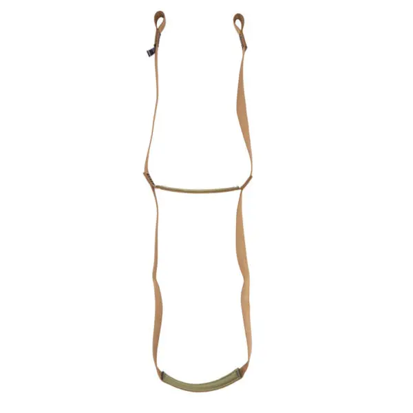 A beige and green Ape Canyon Outfitters 2 Step Aider. The aider has loops at both ends and two adjustable sections. The fabric appears durable, possibly designed for outdoor or heavy-duty use.