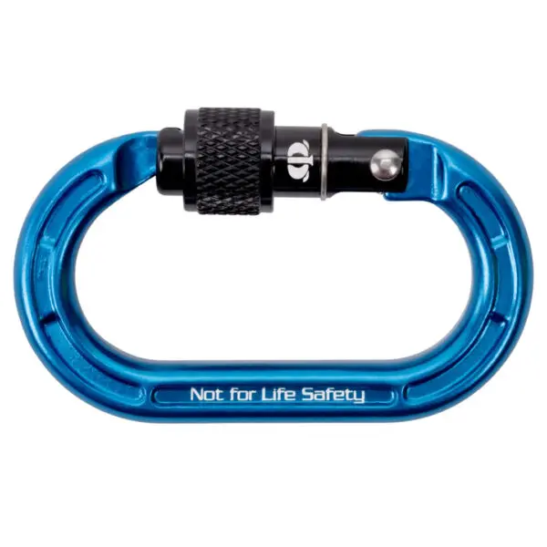 A blue, oval-shaped Omega Pacific Micro Raider Aluminum Keylock Screw-Lok with a black locking mechanism is displayed against a white background. The inscription "Not for Life Safety" is etched into the bottom edge of the carabiner.