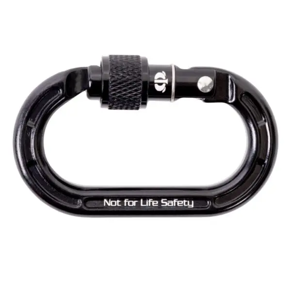 An Omega Pacific Micro Raider Aluminum Keylock Screw-Lok with a screw-lock mechanism. Text on the carabiner reads "Not for Life Safety.