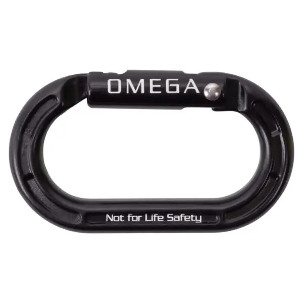 A black Omega Pacific Micro Raider Aluminum Keylock Straightgate with the word "OMEGA" and the warning phrase "Not for Life Safety" printed on it.